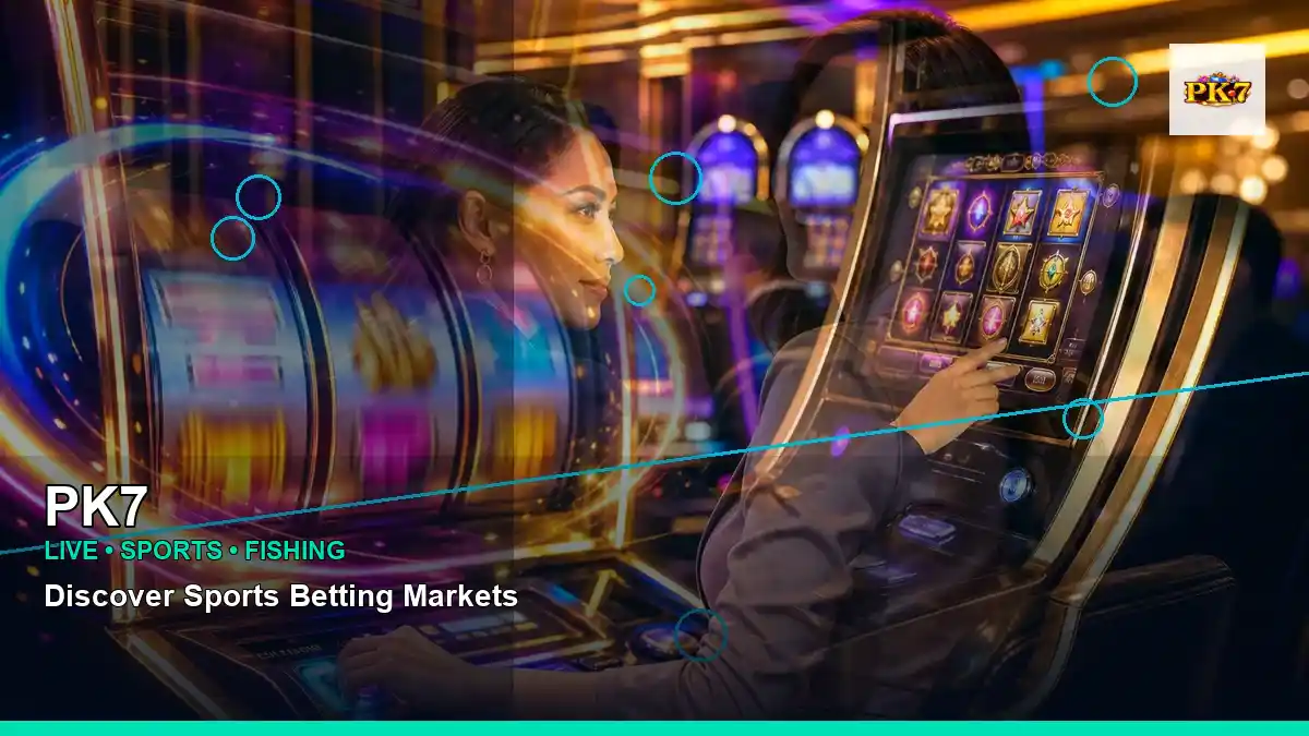 PK7 mobile casino first deposit rewards featuring an adult Filipina casino host with a left-diagonal composition